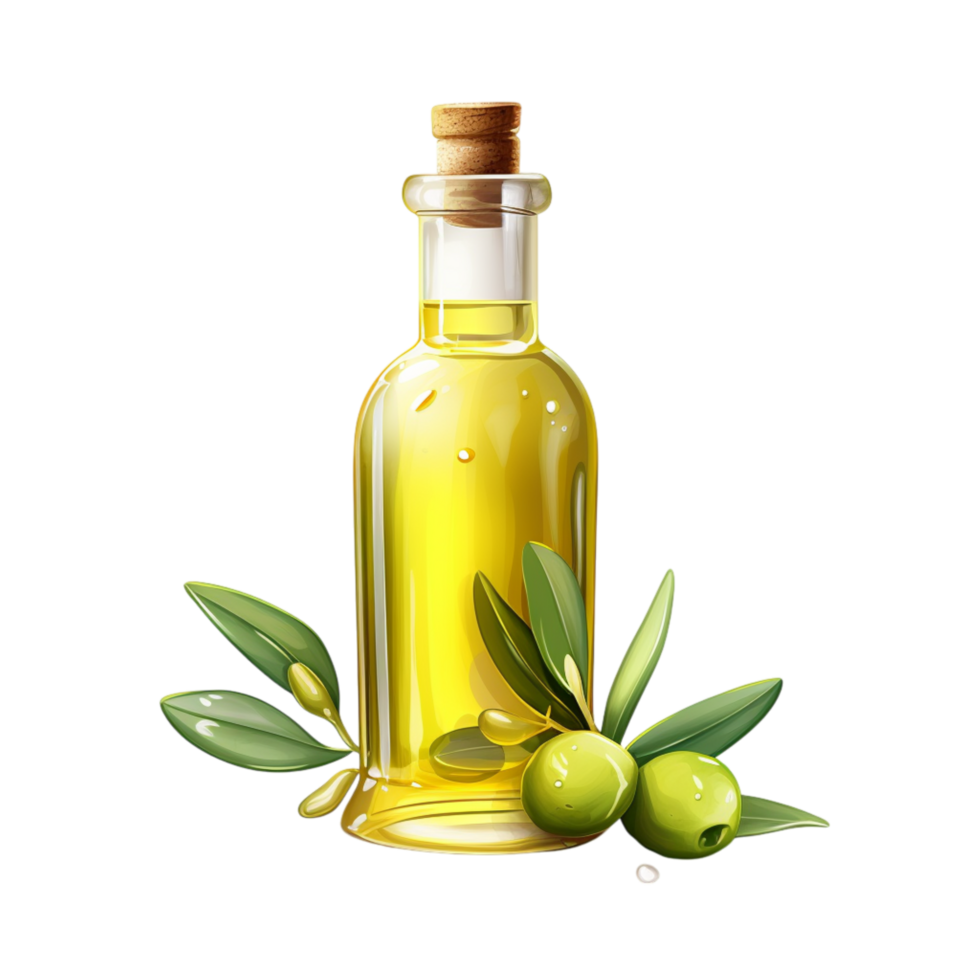 Olive oil bottle with olive leaves and olive oil png