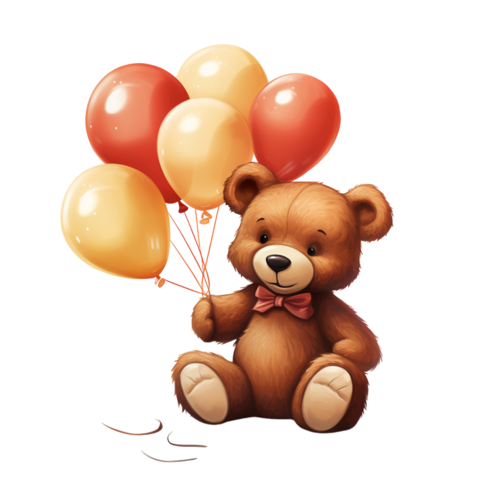 A brown teddy bear holding balloons png