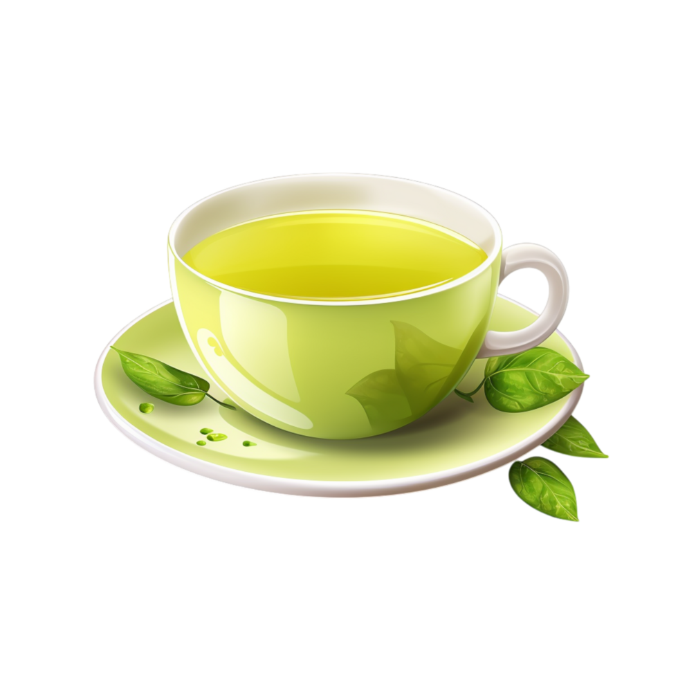 Cup of green tea in a glass teacup with a fresh leaf beside it png