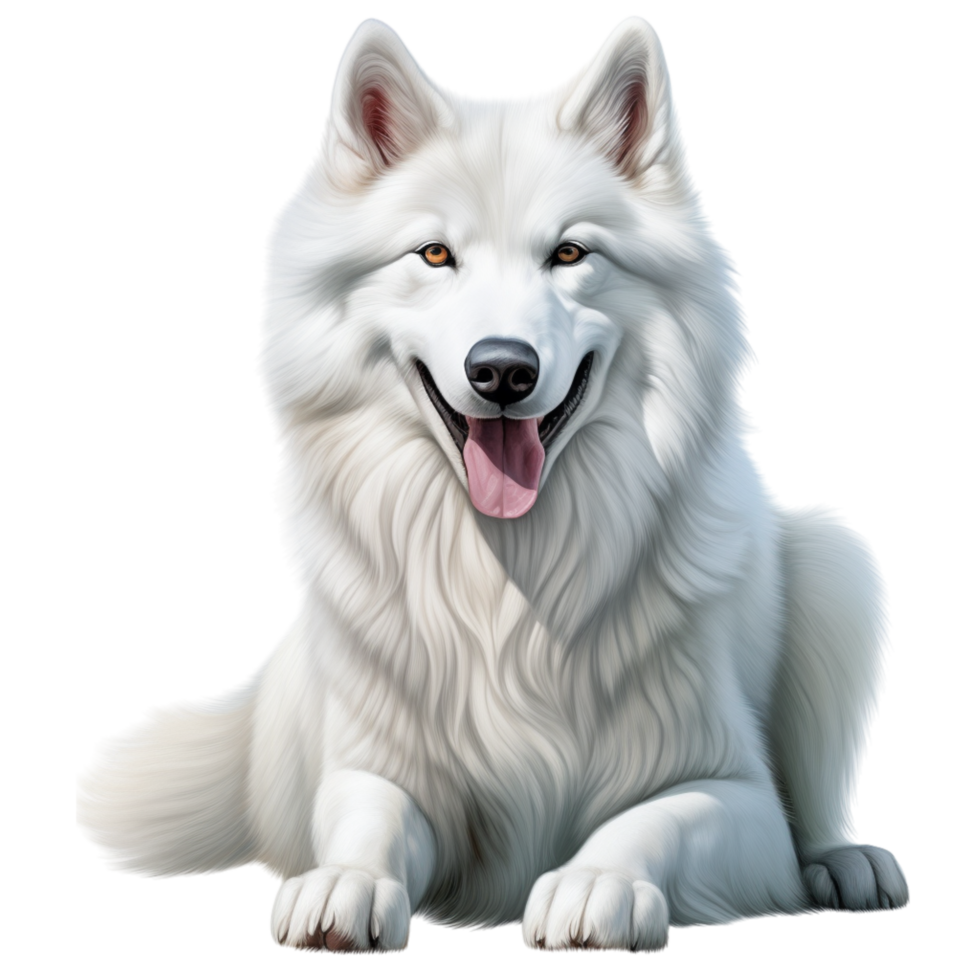 A white dog is sitting down on a black background png