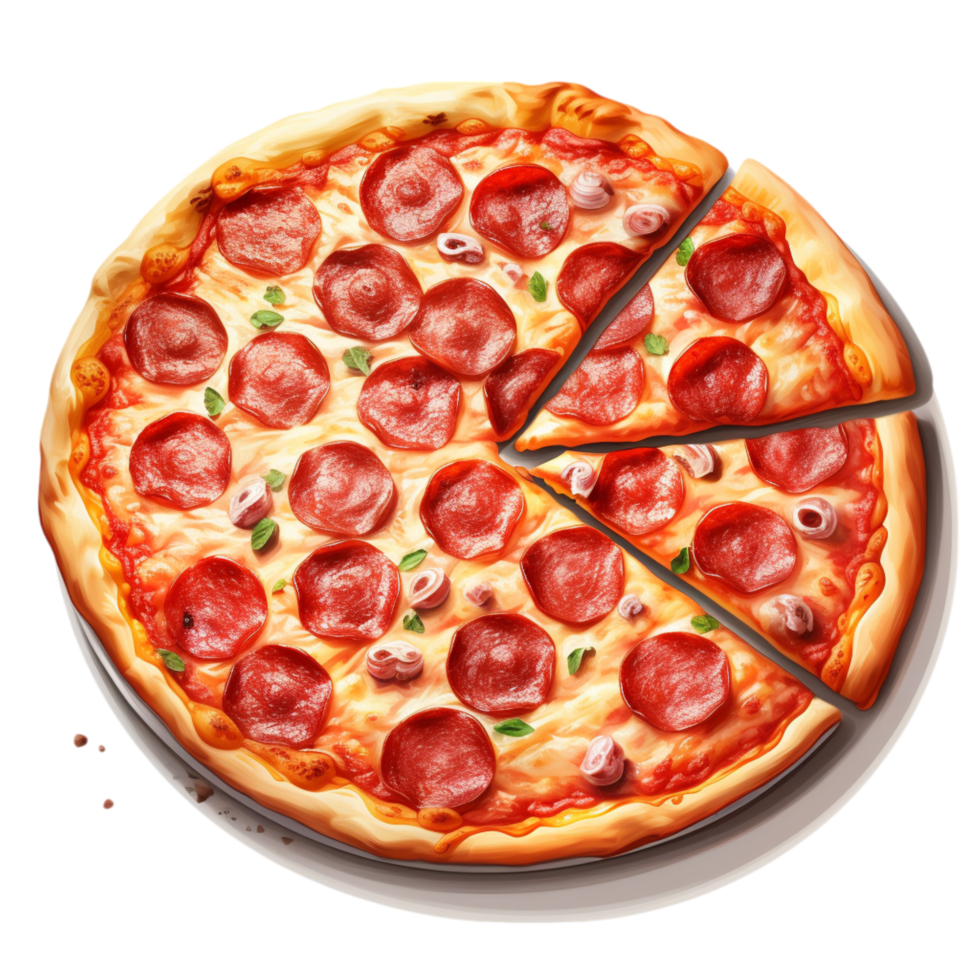 A pizza with pepperoni slices on a plate png