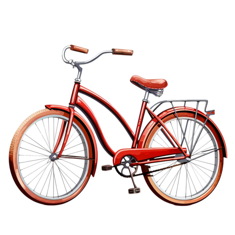 Classic red bicycle featuring a brown leather seat and front basket parked upright png
