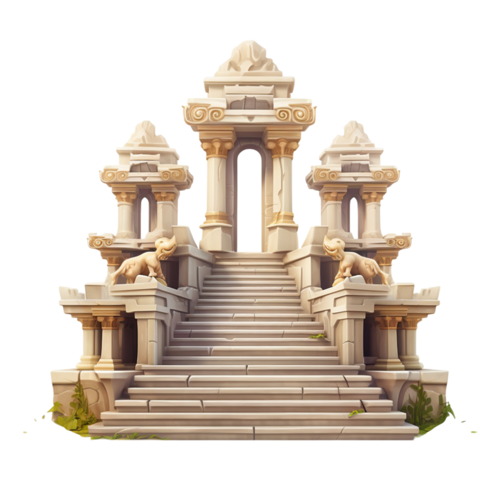 Ancient stone temple surrounded by lush green trees and rocky steps with tall columns png