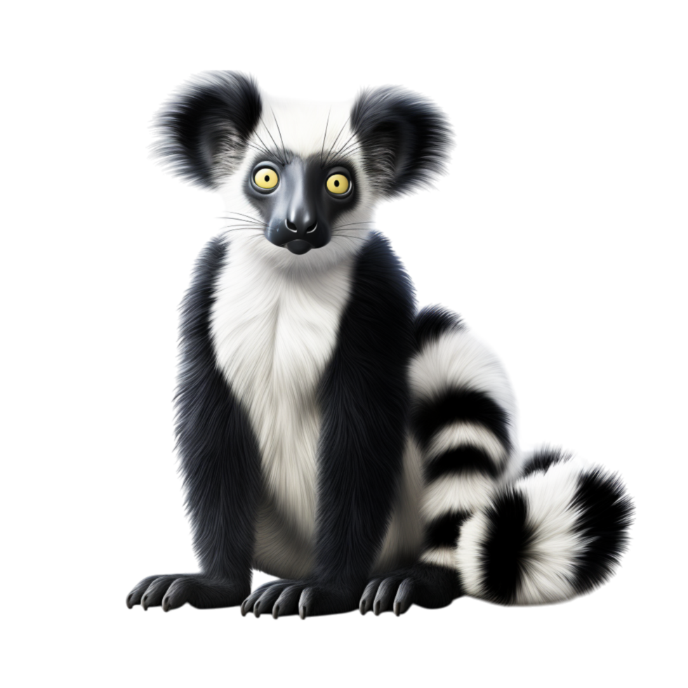 Black and white lemur with striking eyes sitting calmly on a white backdrop png