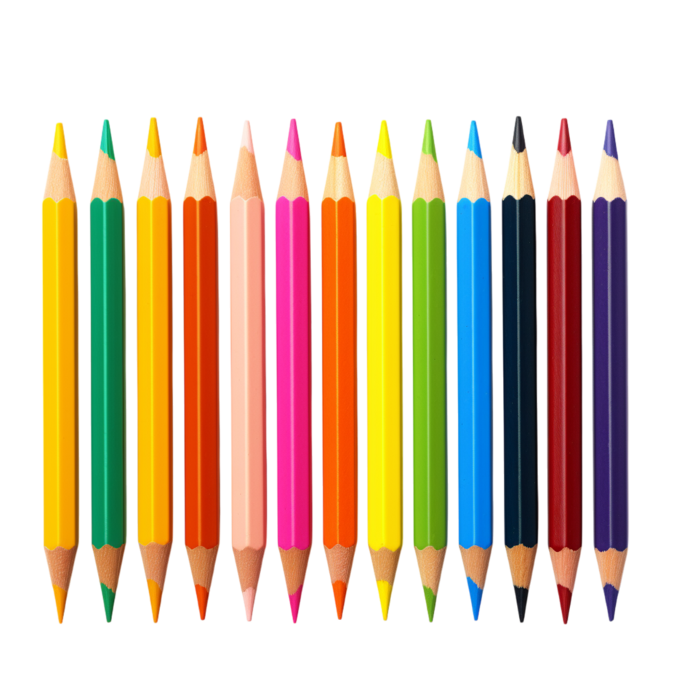 Neatly arranged colorful pencils standing upright with sharp tips png