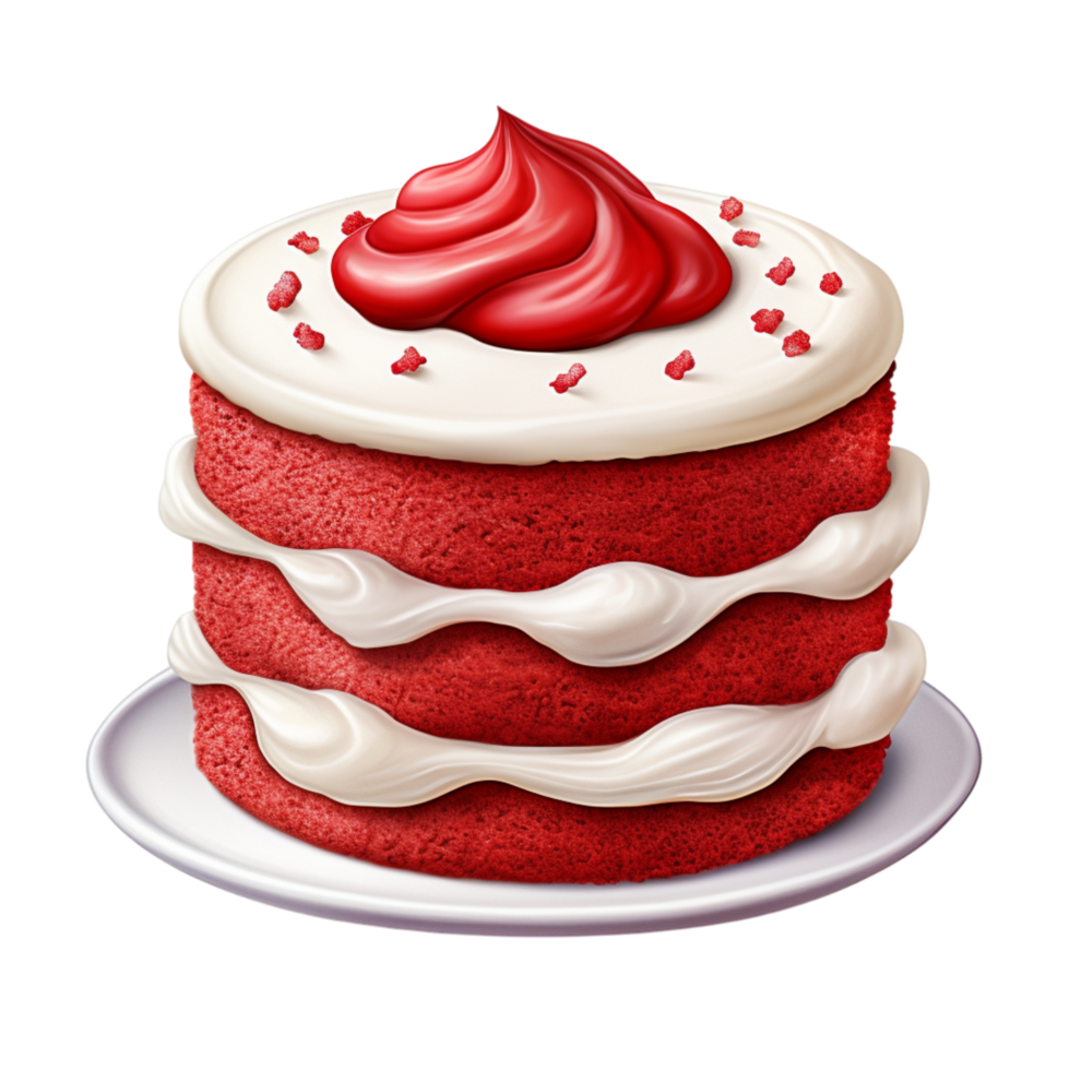 Red velvet cake slice with creamy white layers and a strawberry garnish png