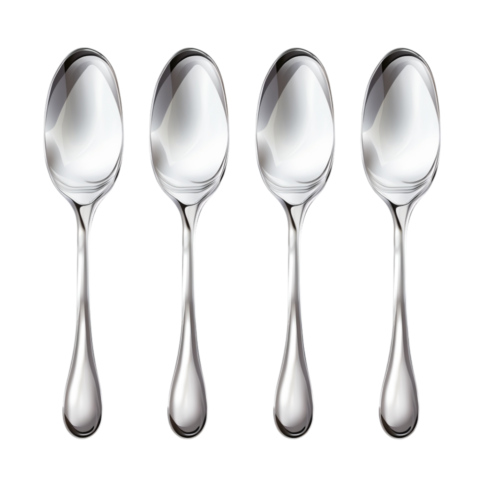 Set of five identical silver spoons aligned perfectly in a neat row png