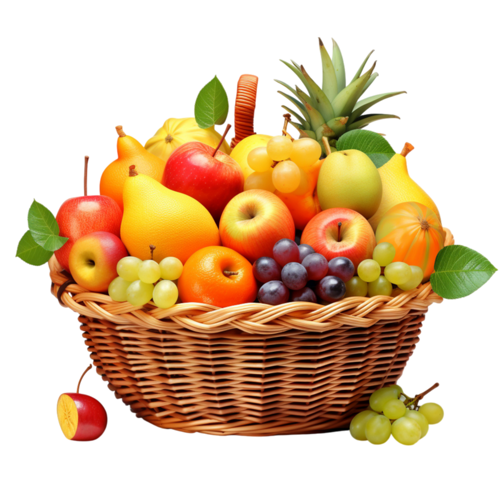 Wicker basket filled with a delightful variety of fresh ripe fruits png