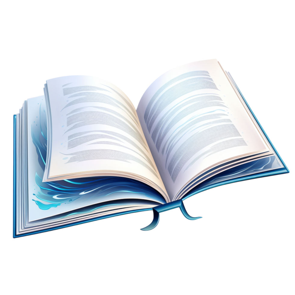 Open magical book releasing glowing blue mist with floating sparkles png