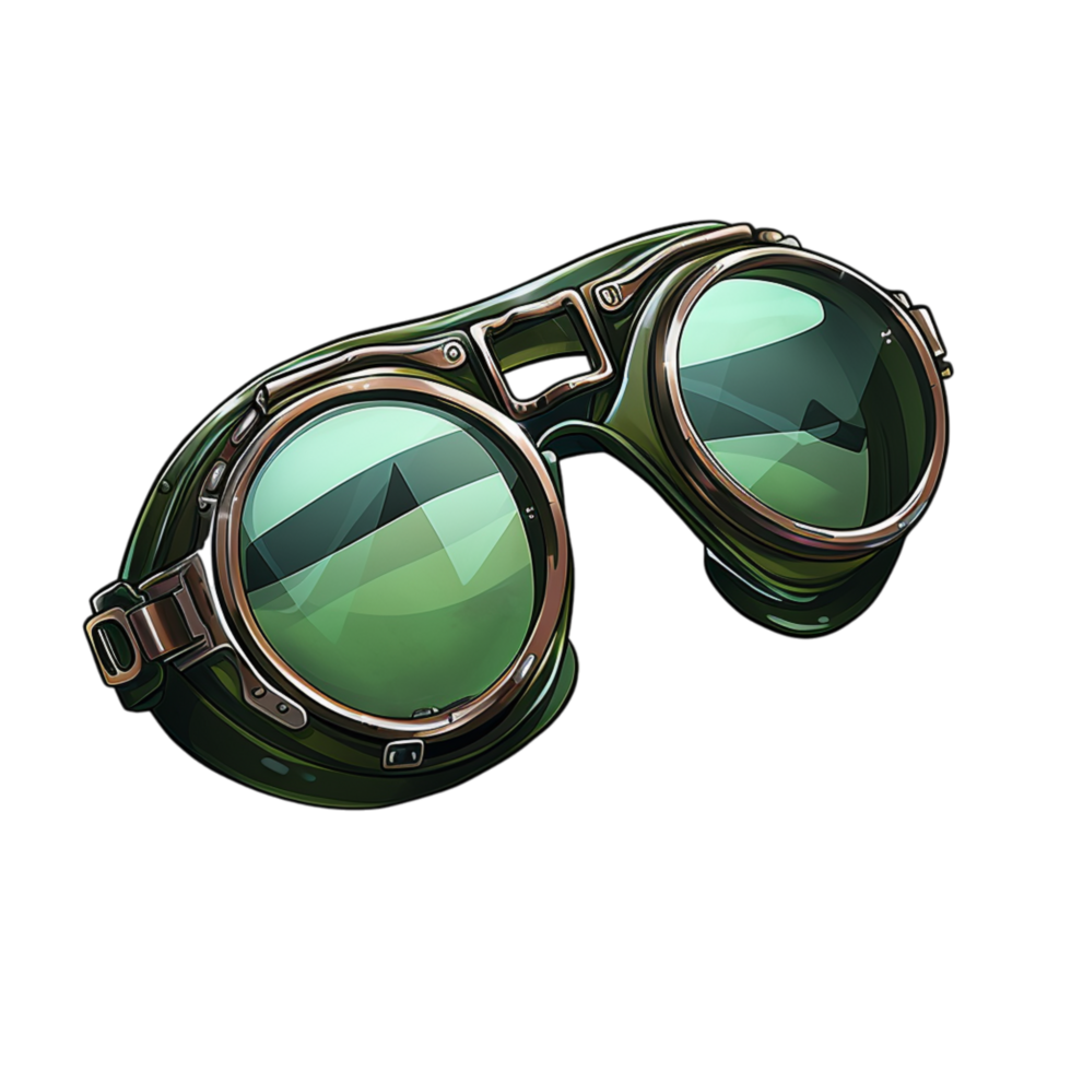 Vintage aviator goggles with a black leather strap and tinted lenses png