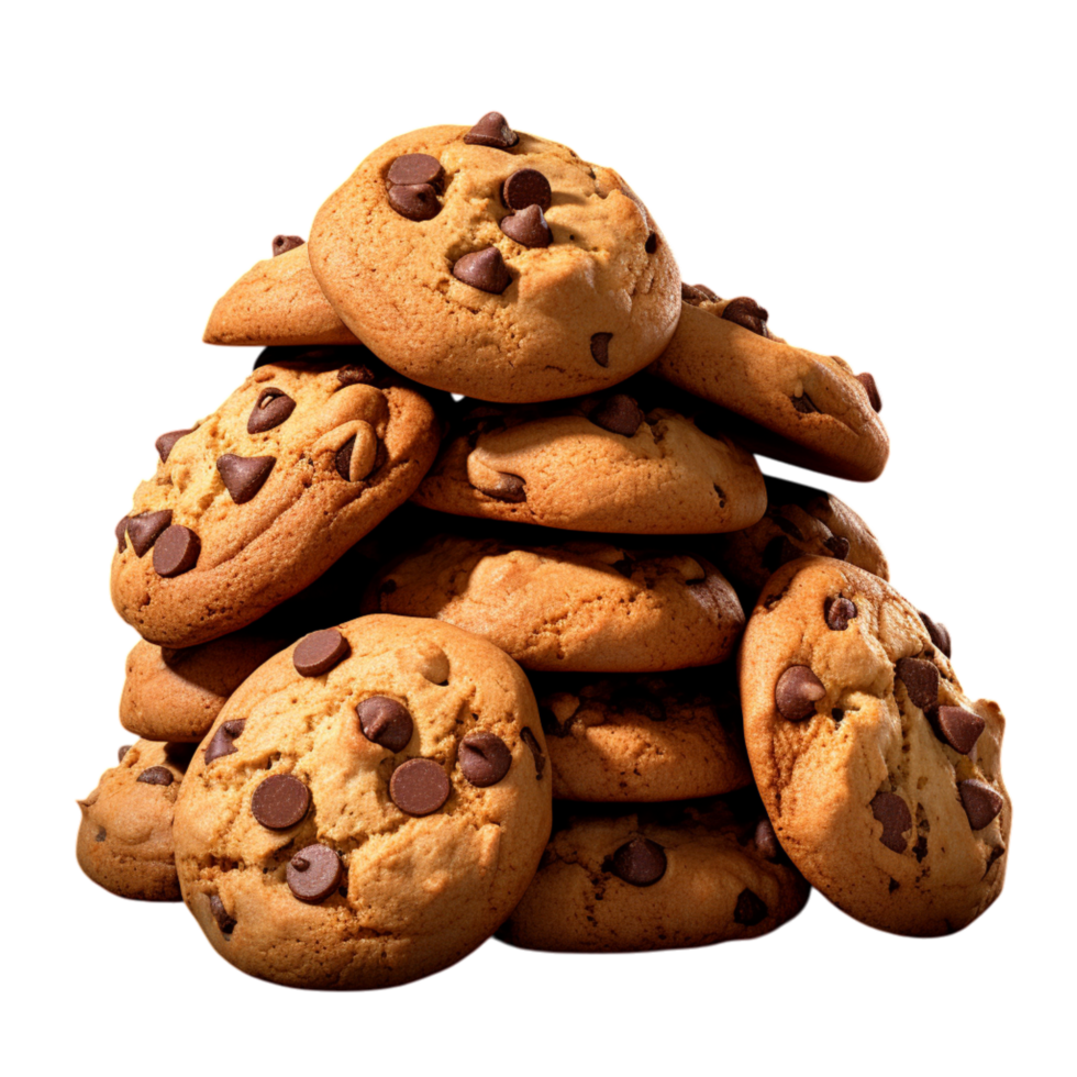 Stack of freshly baked chocolate chip cookies with chunks png