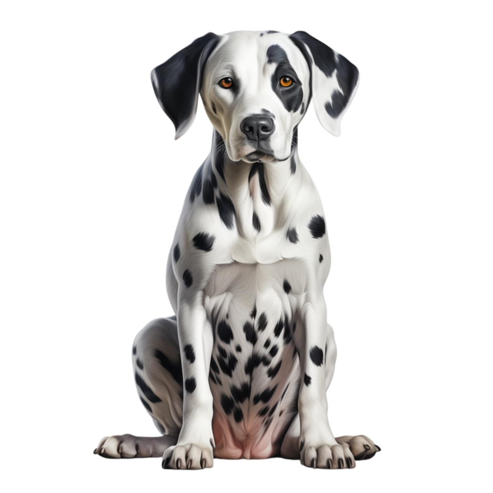 Dalmatian dog with black spots on fluffy white fur and curious eyes png
