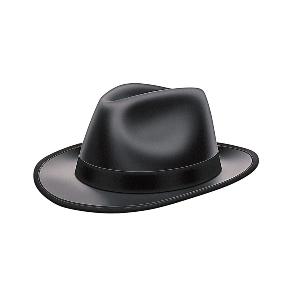 Stylish black fedora hat featuring a dark ribbon and curved brim png