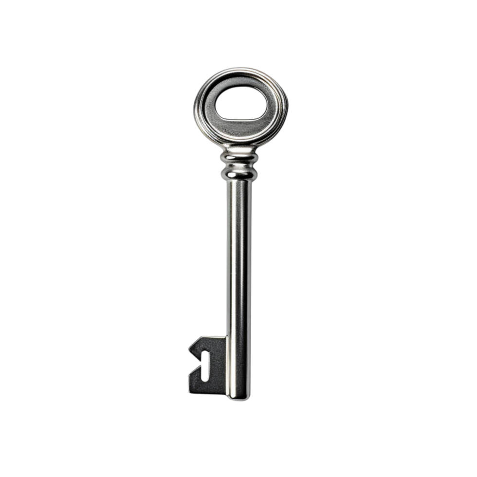 Antique silver key with a round and elegant engravings png