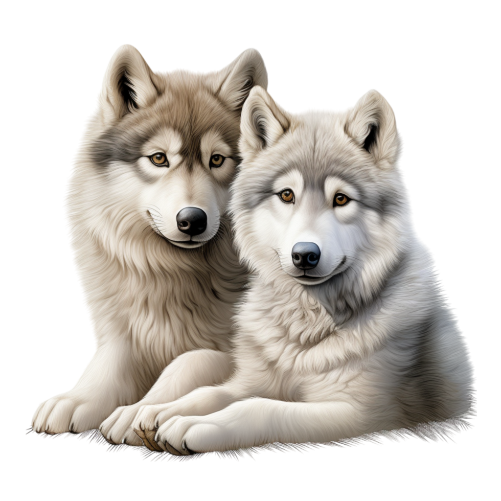 Two majestic wolves resting with a protective and calm aura png