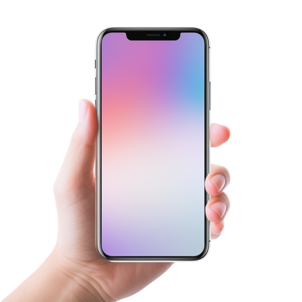 Hand gripping a modern smartphone with a bright glowing display png