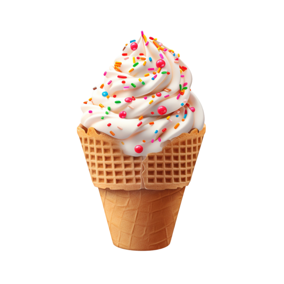Crispy waffle cone loaded with creamy vanilla ice cream and vibrant sprinkles png