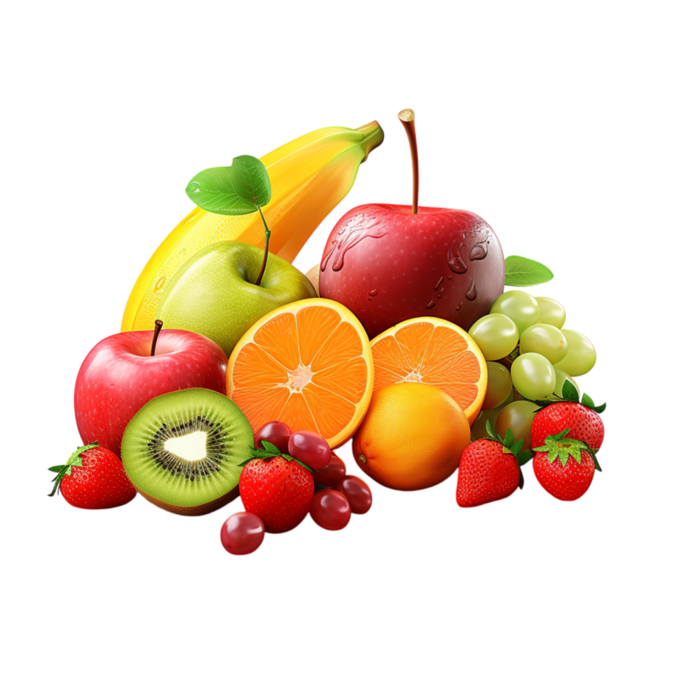Colorful fresh fruits including apples, oranges, and berries png