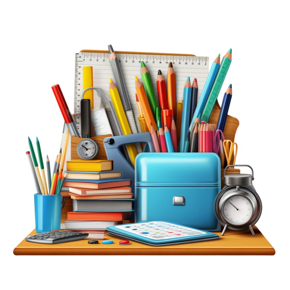 Desk with books, pencils, and a warm coffee mug scattered on it png