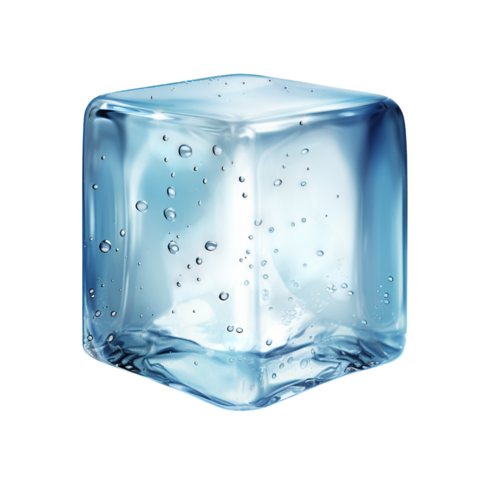 Melting ice cube with clear droplets and tiny air bubbles inside png