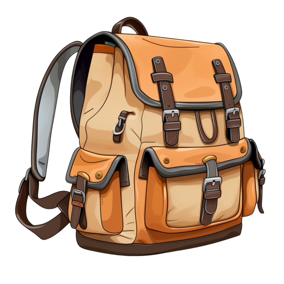 Stylish backpack in orange and blue with multiple zippers and straps png