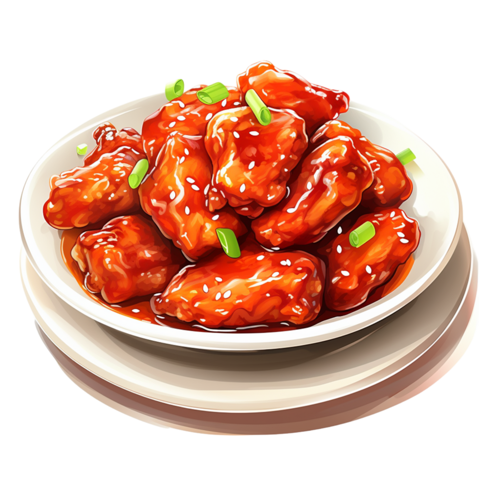 Plate of spicy glazed chicken sprinkled with fresh green onions png