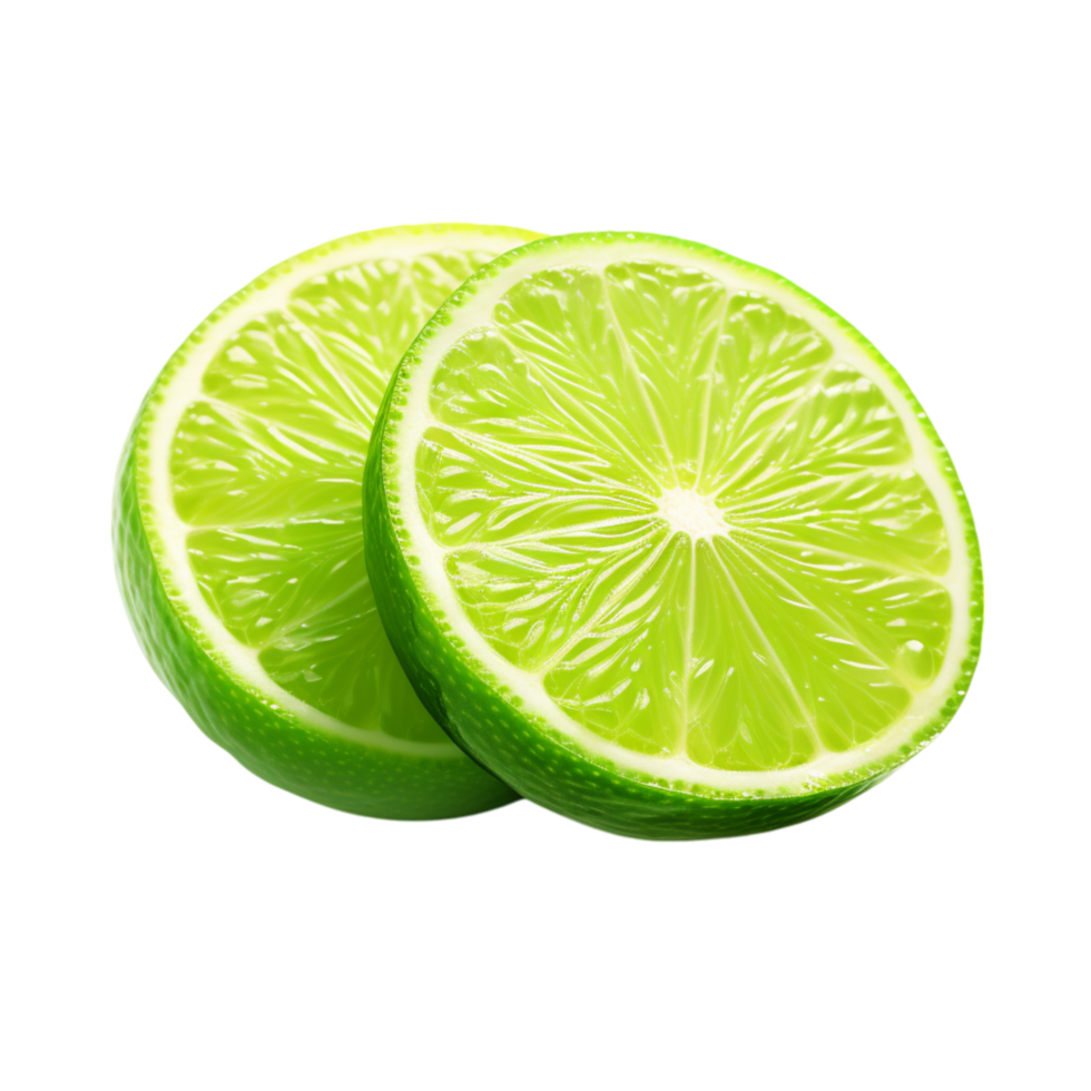 Bright green limes, one sliced open revealing its juicy flesh png