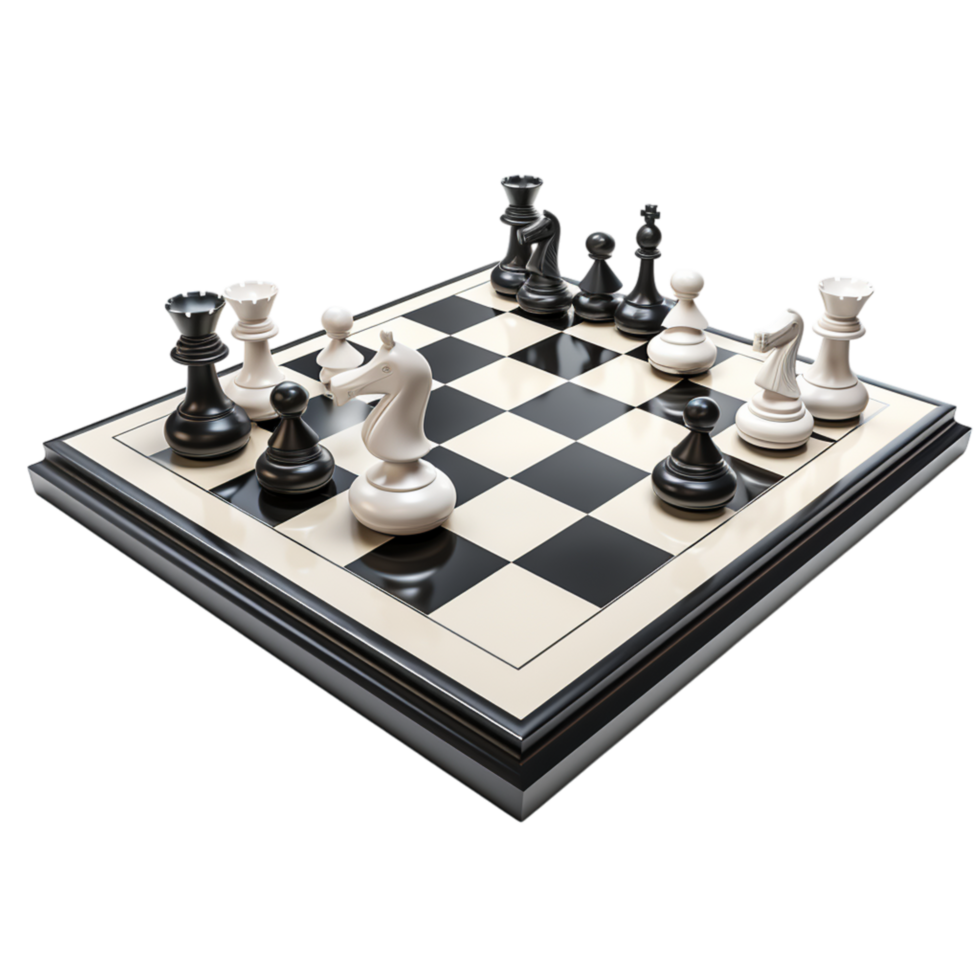 Classic black and white chess set with pieces positioned for play png