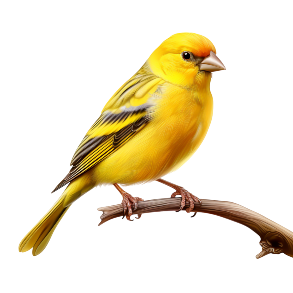 Vibrant yellow canary perched lightly on a thin wooden branch png
