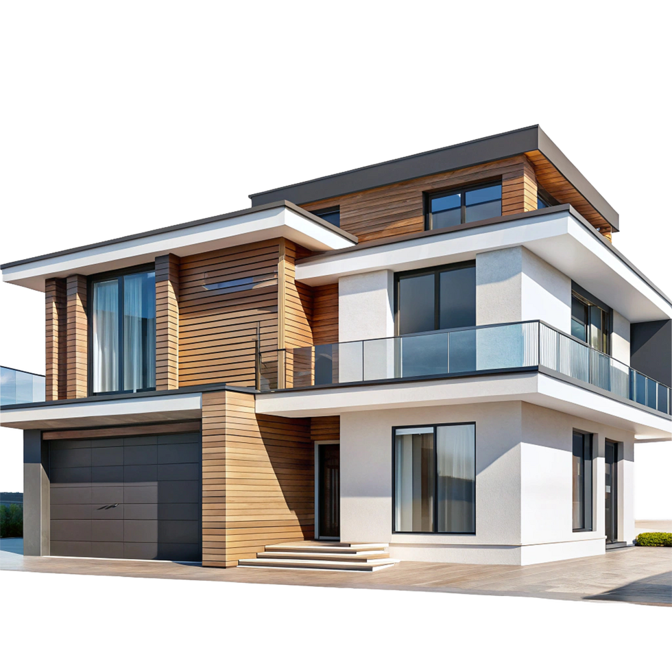 Stunning Modern Two Story House with Wood and White Exterior Design png