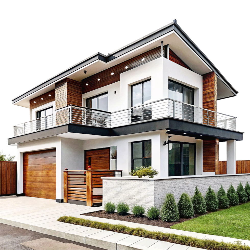 Modern Two Story House with Wood and White Exterior Design png