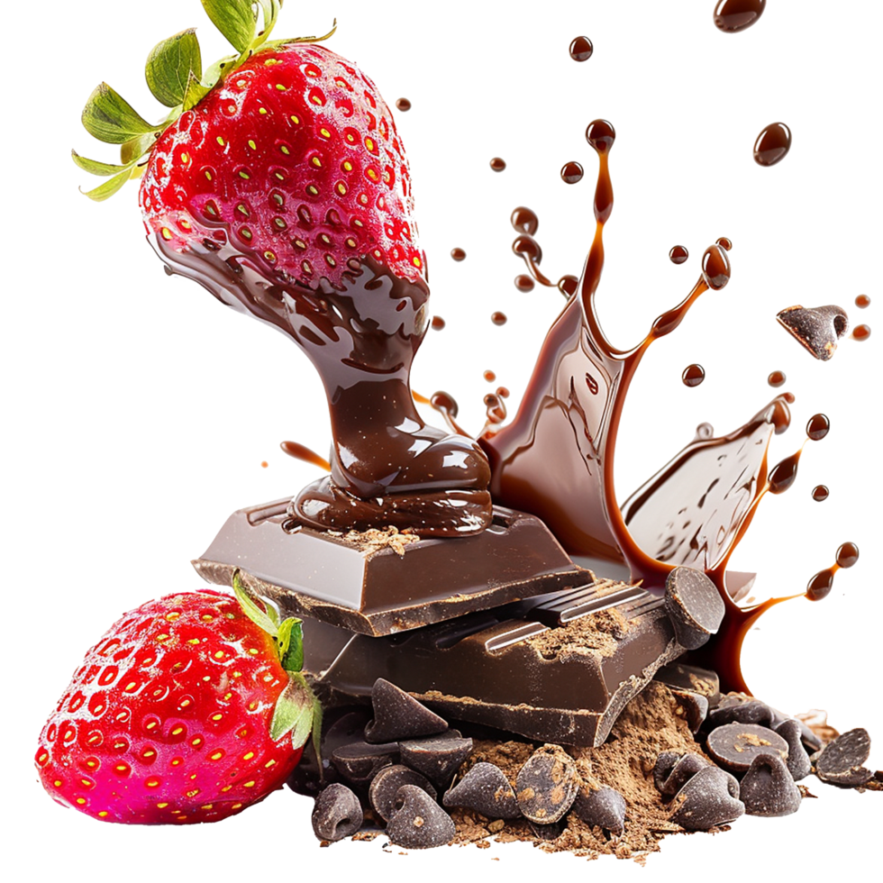 Delicious Chocolate Covered Strawberries with Melted Chocolate Splash and Chocolate Chips png