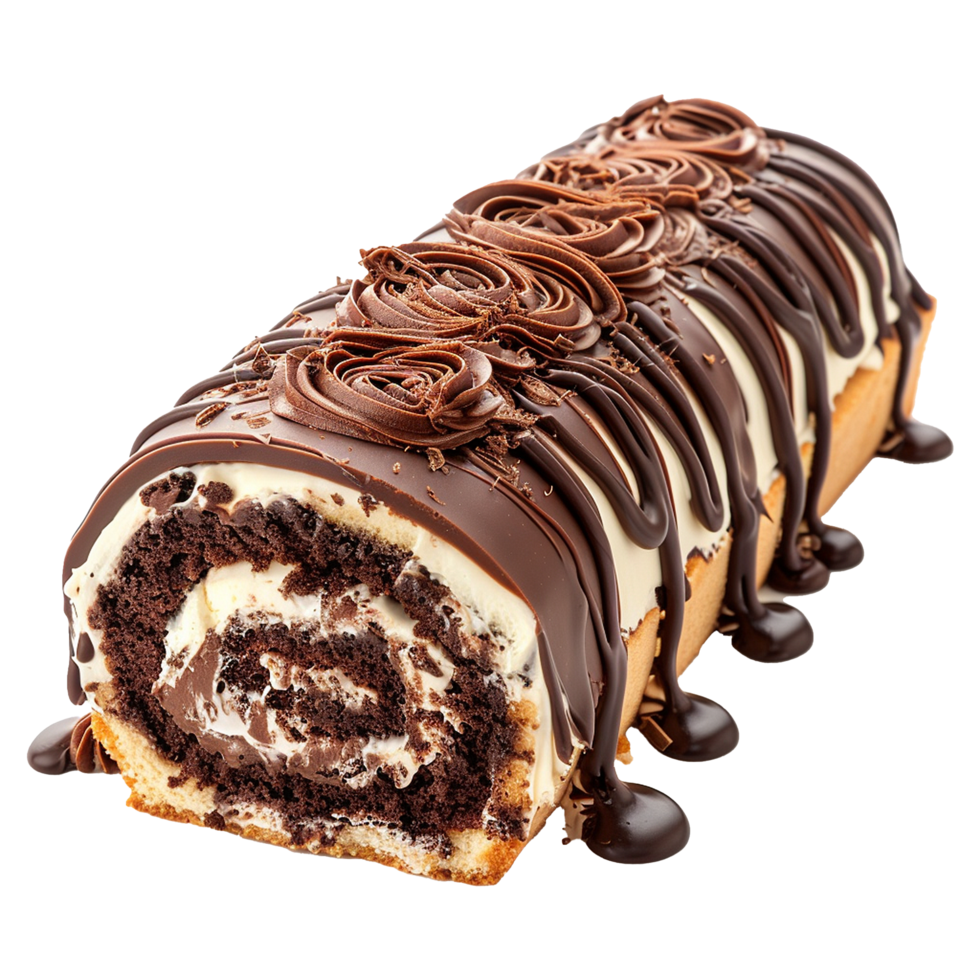 Delicious Chocolate Cake Roll with Creamy Filling and Ganache Drizzle png