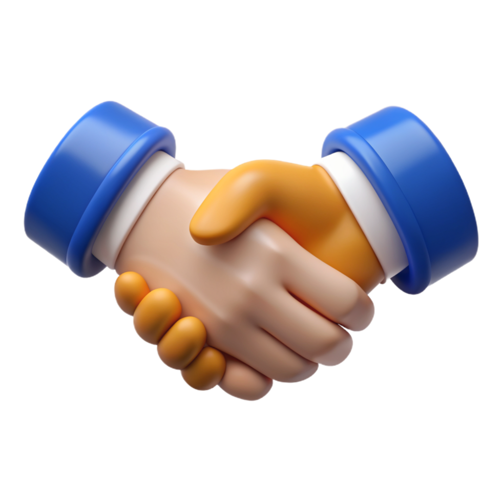 3D Render of a Friendly Handshake Between Two Cartoon Hands Wearing Blue Suits png