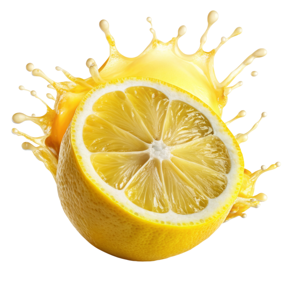 Refreshing Lemon Juice Splash A vibrant image of a sliced lemon with a dynamic juice splash png