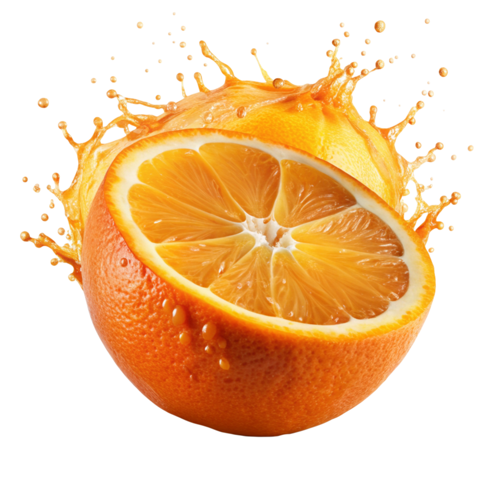 A Juicy Orange Sliced in Half with Splashing Juice png