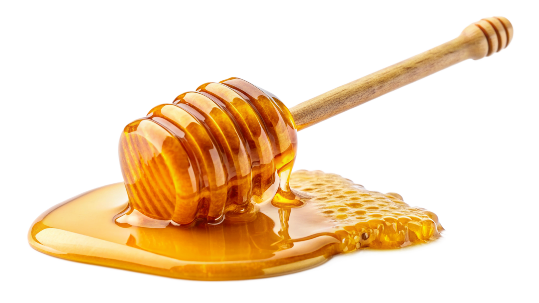 Golden Honey Dripping from a Wooden Honey Dipper onto Honeycomb png