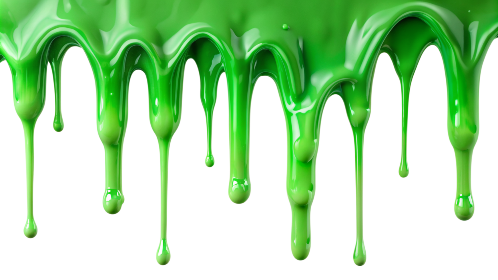 Closeup view of vibrant green slime dripping down, showcasing its gooey texture and glossy surface png
