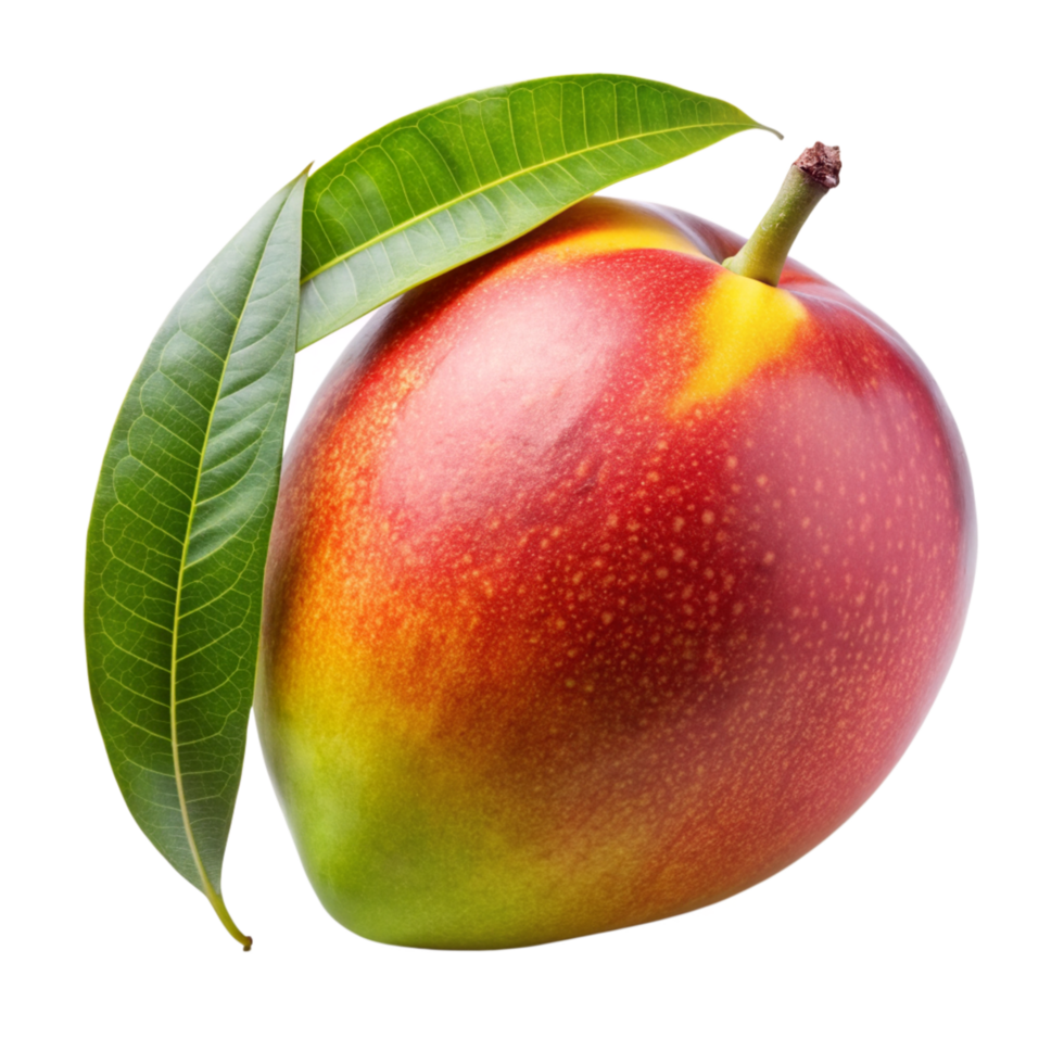 A single ripe mango with green leaves isolated on black background juicy fruit tropical delicious healthy eating png