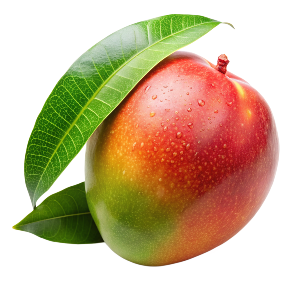 A single ripe mango with vibrant red and green skin and lush green leaves png