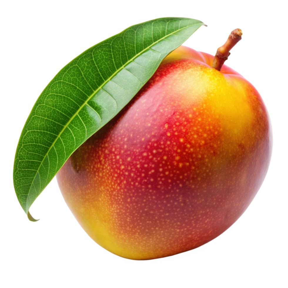 A Single Ripe Mango with Green Leaf Isolated on Black Background Delicious Tropical Fruit png