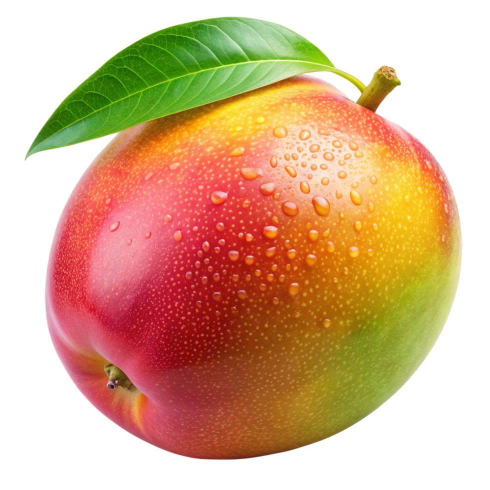 Single Ripe Mango with Water Droplets and Green Leaf png