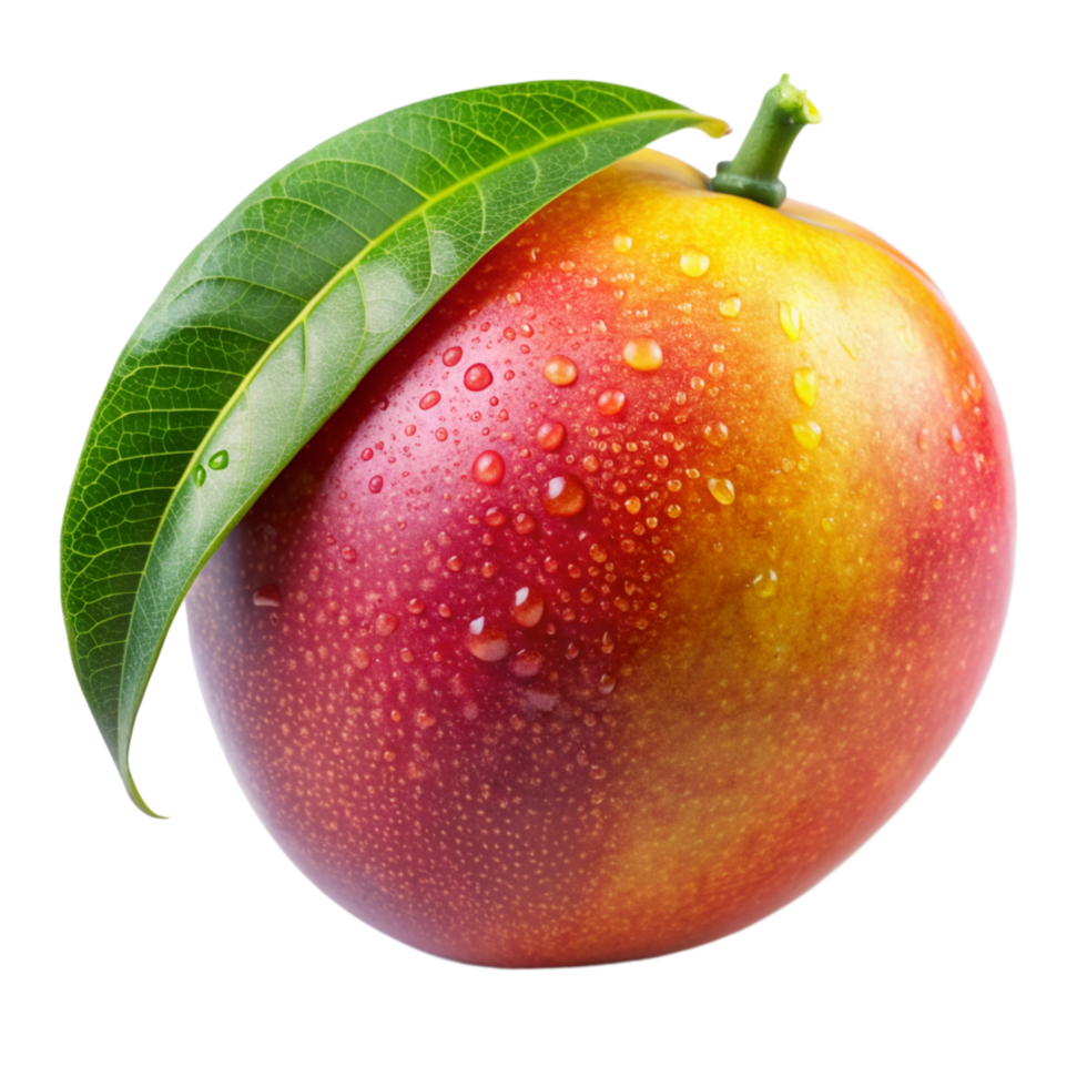 Ripe mango with water droplets and leaf png