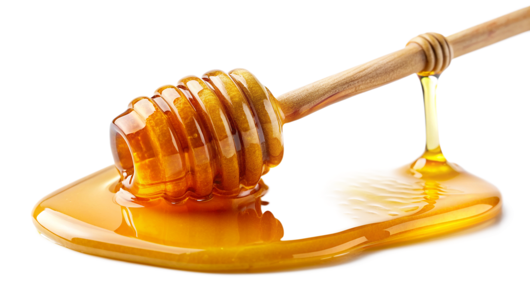 Golden Honey Dripping from Wooden Dipper onto a Smooth Surface png