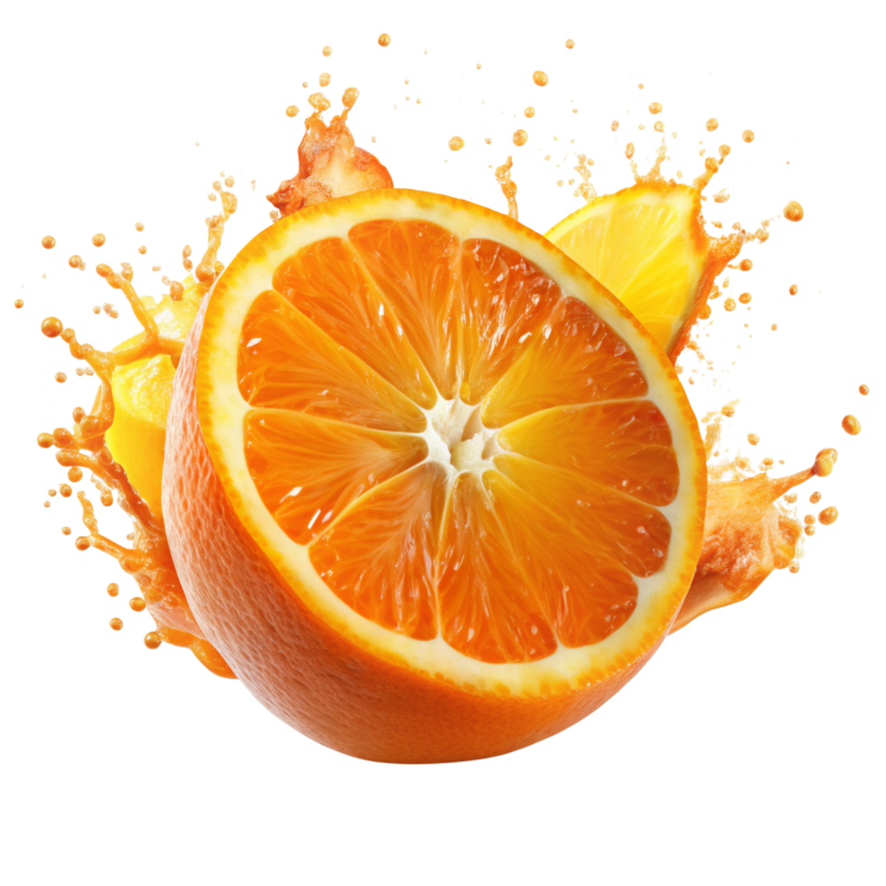 A vibrant image of a juicy orange sliced in half with splashing orange juice droplets creating a dynamic and refreshing visual png