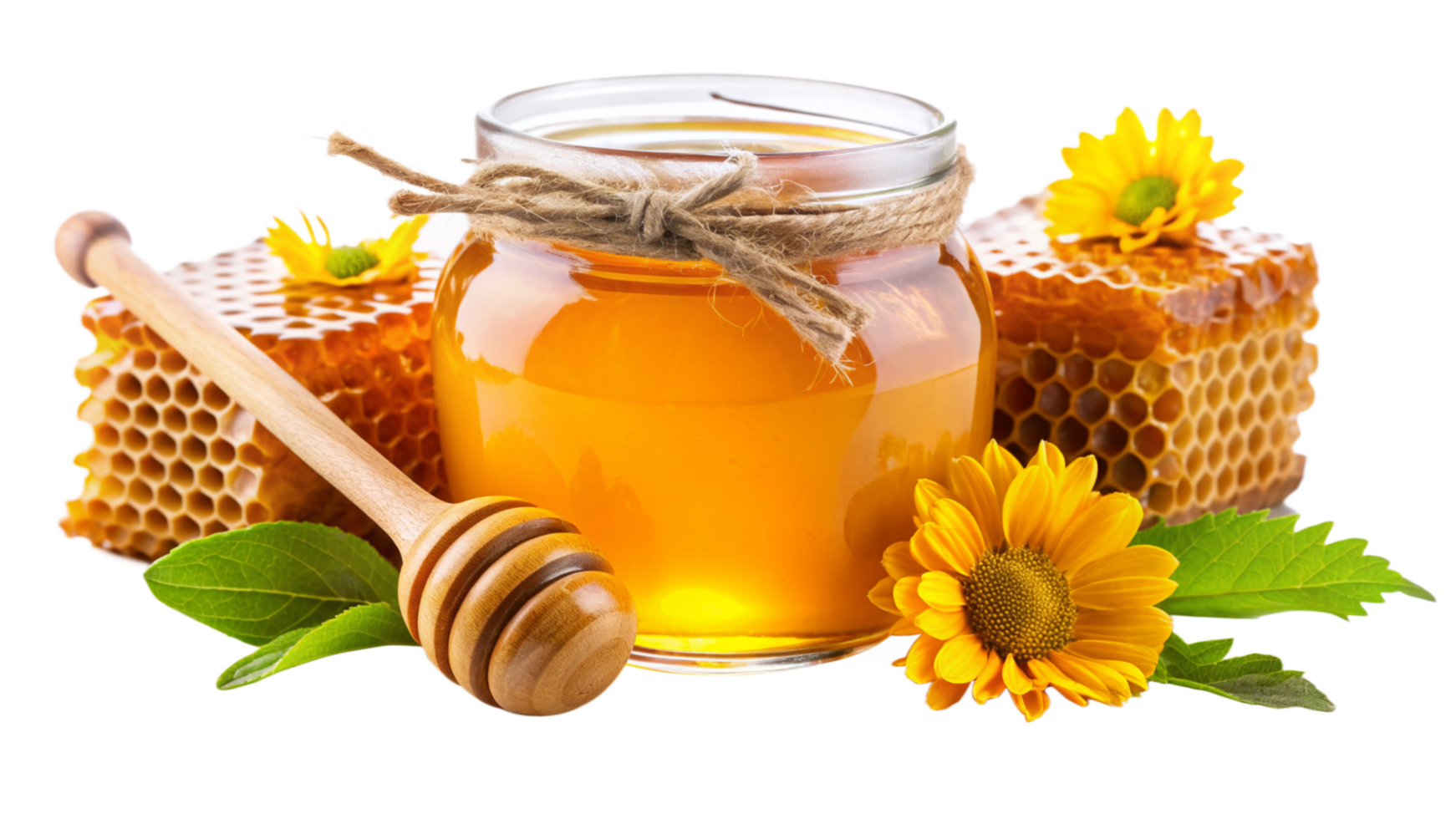 Honeycomb Honey in Jar with Wooden Honey Dipper and Yellow Flowers png