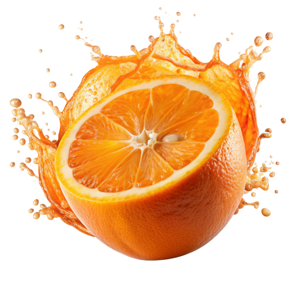 A vibrant half orange splashing in a burst of fresh juice, showcasing its juicy segments and bright citrus color against a black background png