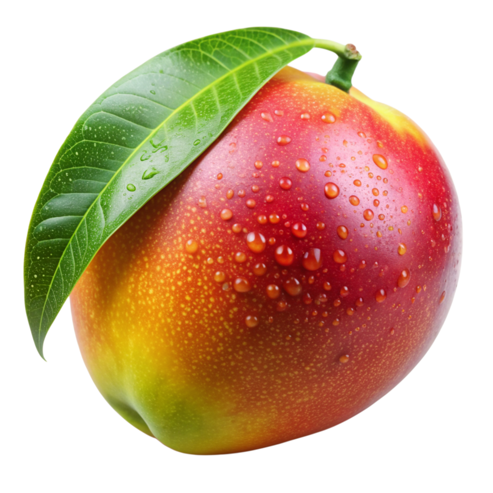 A single ripe mango with water droplets and a green leaf on a black background png