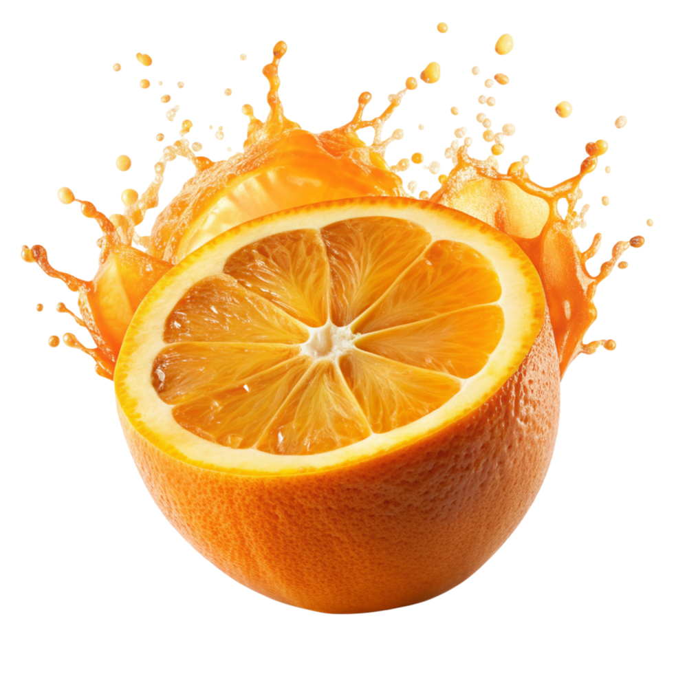 A Juicy Orange Half with Splashing Orange Juice on Black Background png