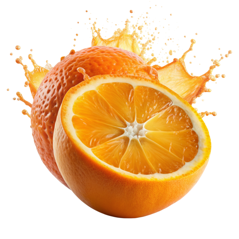 Fresh Orange Juice Splash with Whole Oranges and Orange Slice png